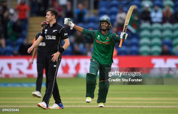 Bangladesh batsman Mohammad Mahmudullah celebrates after hitting the winning runs during the ICC Champions Trophy match between New Zealand and...