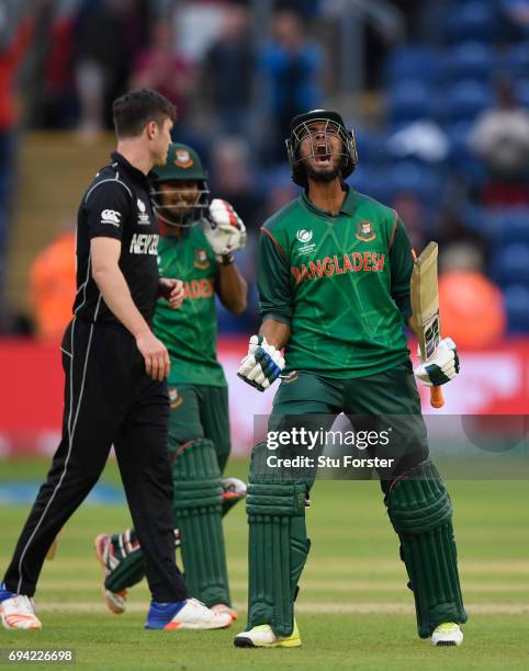 Bangladesh batsman Mohammad Mahmudullah celebrates after hitting the winning runs during the ICC Champions Trophy match between New Zealand and...