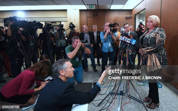 Samantha Geimer addresses the media outside the courtroom in Los Angeles, California on June 9, 2017. Geimer, raped by filmmaker Roman Polanski as a...