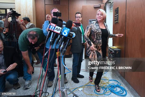 Samantha Geimer arrives to address the media outside the courtroom in Los Angeles, California on June 9, 2017. Geimer, raped by filmmaker Roman...