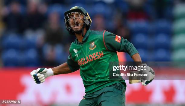 Bangladesh batsman Mohammad Mahmudullah celebrates after hitting the winning runs during the ICC Champions Trophy match between New Zealand and...