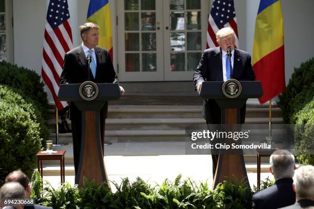 President Donald Trump and Romanian President Klaus Iohannis hold a joint news conference in the Rose Garden at the White House June 9, 2017 in...