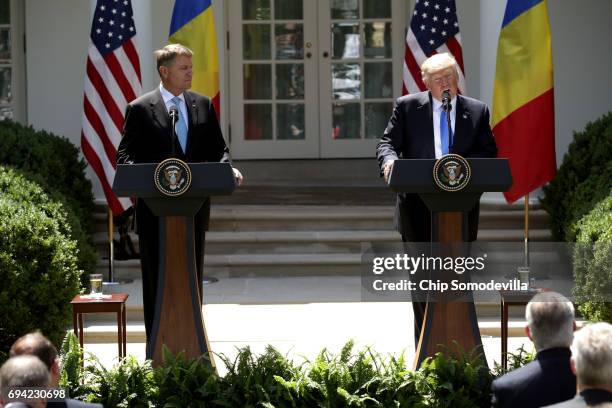 President Donald Trump and Romanian President Klaus Iohannis hold a joint news conference in the Rose Garden at the White House June 9, 2017 in...