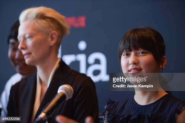 Co-Stars Tilda Swinton and An Seo Hyun speak during the "Okja" Press Conference New York at Mandarin Oriental Hotel on June 9, 2017 in New York City.