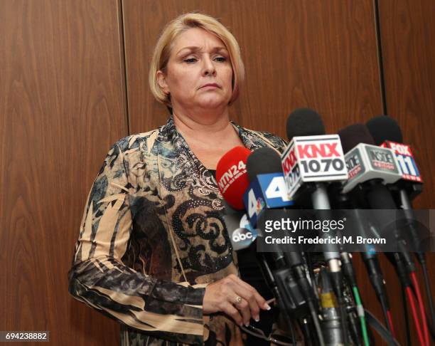 Samantha Geimer speaks during a press conference after appearing in court at the Clara Shortridge Foltz Criminal Justice Center on June 9, 2017 in...