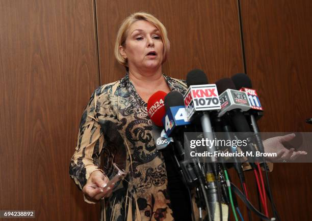 Samantha Geimer speaks during a press conference after appearing in court at the Clara Shortridge Foltz Criminal Justice Center on June 9, 2017 in...