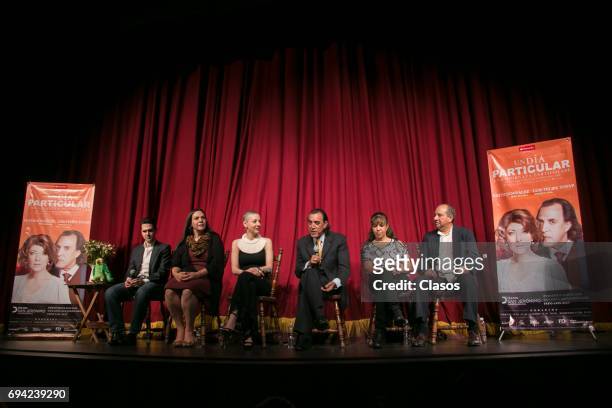 Mexican actors Daniel Gomez Casanova, Claudia Rios, Edith Gonzalez, Luis Felipe Tovar, Brisa Rossel and Enrique Vega speak during the press...