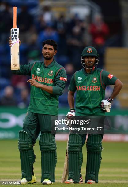 Mahmudullah of Bangladesh celebrates his century during the ICC Champions Trophy match between New Zealand and Bangladesh at the SWALEC Stadium on...