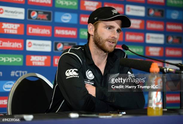 Kane Williamson of New Zealand looks on during the ICC Champions Trophy match between New Zealand and Bangladesh at the SWALEC Stadium on June 9,...