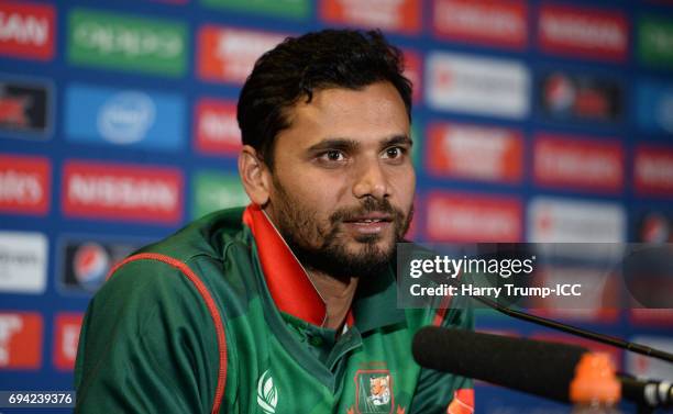 Masrafe Mortaza of Bangladesh looks on during the ICC Champions Trophy match between New Zealand and Bangladesh at the SWALEC Stadium on June 9, 2017...