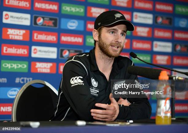 Kane Williamson of New Zealand looks on during the ICC Champions Trophy match between New Zealand and Bangladesh at the SWALEC Stadium on June 9,...