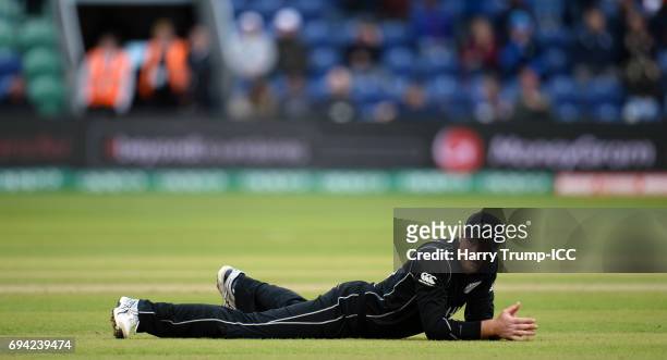 Martin Guptill of New Zealand looks on during the ICC Champions Trophy match between New Zealand and Bangladesh at the SWALEC Stadium on June 9, 2017...