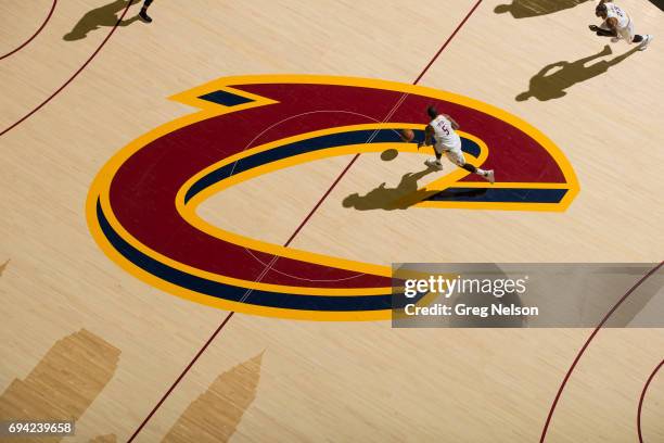 Finals: Aerial view of Cleveland Cavaliers JR Smith in action vs Golden State Warriors at Quicken Loans Arena. Game 3. View of C logo at halfcourt....