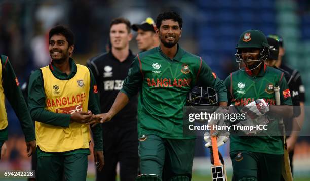 Mahmudullah of Bangladesh celebrates victory during the ICC Champions Trophy match between New Zealand and Bangladesh at the SWALEC Stadium on June...