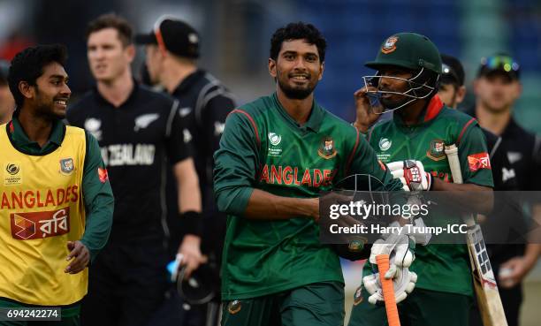 Mahmudullah of Bangladesh celebrates victory during the ICC Champions Trophy match between New Zealand and Bangladesh at the SWALEC Stadium on June...