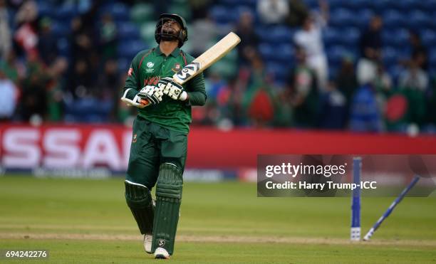 Shakib Al Hasan of Bangladesh walks off after being dismissed during the ICC Champions Trophy match between New Zealand and Bangladesh at the SWALEC...