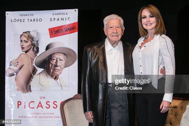 Mexican actress Gaby Spanic and Mexican actor Ignacio Lopez Tarso pose during the press conference to announce the play 'Un Picasso' at Rafael Solana...