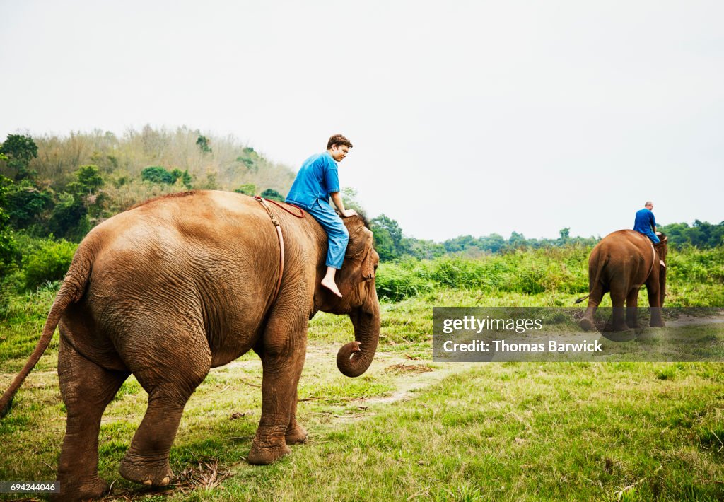 Teenage son and father riding Asian elephants in Chiang Rai Thailand