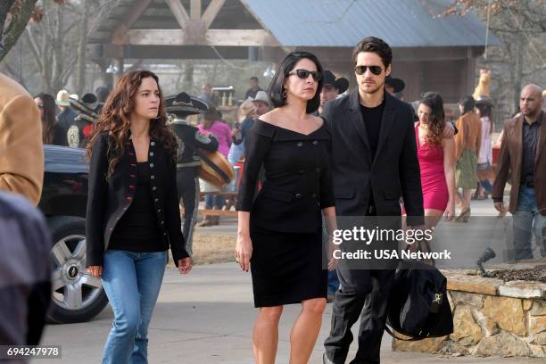 Dios Y El Abogado" Episode 202 -- Pictured: Alice Braga as Teresa, Veronica Falcon as Camila, Peter Gadiot as James --