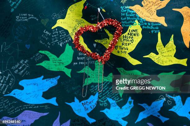 Messages and mementos adorn a section of the makeshift memorial outside the Pulse nightclub one year after the massacre in Orlando, Florida on June...