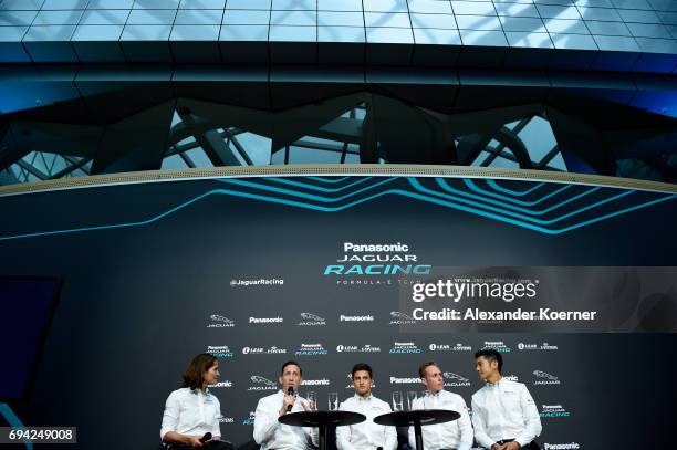 Amanda Stretton, James Barkley , Mitch Evans , Adam Carroll and Ho-Pin Tung during a panel discussion during the Jaguar Re:charge Event at the...