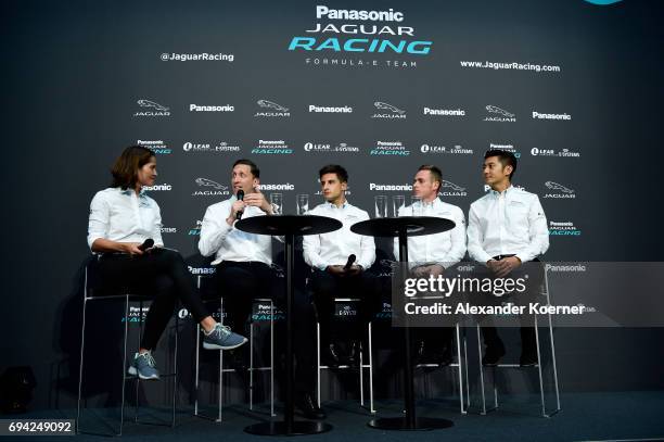 Amanda Stretton, James Barkley , Mitch Evans , Adam Carroll and Ho-Pin Tung during a panel discussion during the Jaguar Re:charge Event at the...