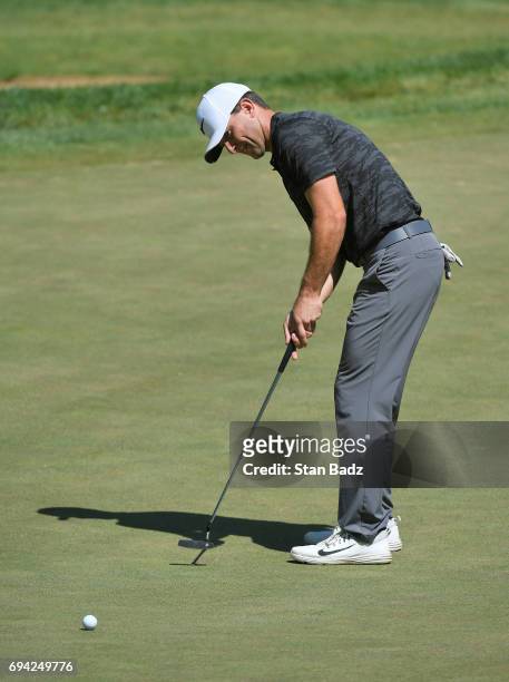Luke Guthrie hits a putt on the third hole during the second round of the Web.com Tour Rust-Oleum Championship at Ivanhoe Club on June 9, 2017 in...