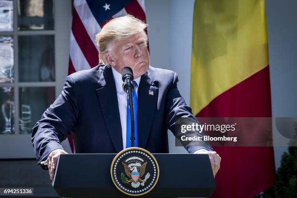 President Donald Trump listens to a question during a joint press conference with Klaus Iohannis, Romania's president, not pictured, in the Rose...