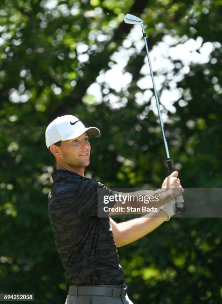 Luke Guthrie hits a tee shot on the fourth hole during the second round of the Web.com Tour Rust-Oleum Championship at Ivanhoe Club on June 9, 2017...
