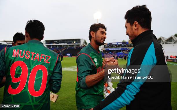 Mahmudullah of Bangladesh celebrates victory during the ICC Champions Trophy match between New Zealand and Bangladesh at the SWALEC Stadium on June...