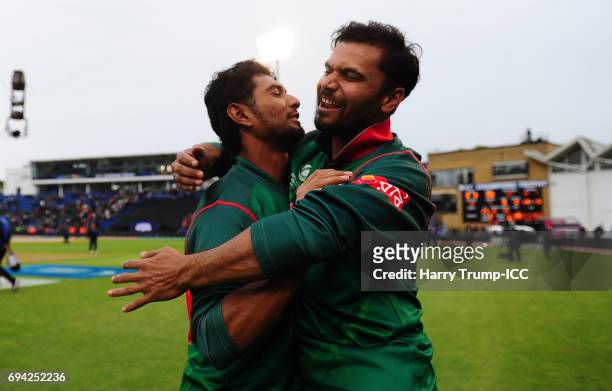 Mahmudullah of Bangladesh celebrates at the end with Mashrafe Mortaza of Bangladesh during the ICC Champions Trophy match between New Zealand and...