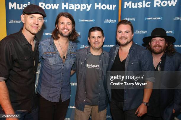 Jon Jones,Chris Thompson, Host Al Skop, Mike Eli, James Young of the Eli Young band during SiriusXM's The Music Row Happy Hour at Margaritaville on...