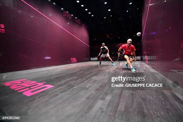 Mohamed El Shorbagy of Egypt competes against Simon Rosner of Germany during the semifinals of the PSA Dubai World Series Finals 2017 at Dubai Opera...