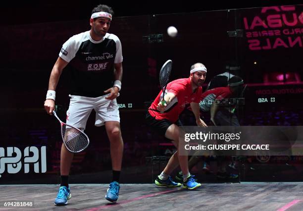 Mohamed El Shorbagy of Egypt competes against Simon Rosner of Germany during the semifinals of the PSA Dubai World Series Finals 2017 at Dubai Opera...