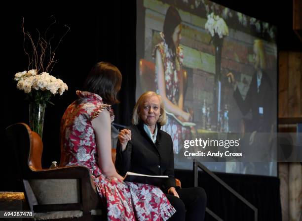 First Lady of Colorado Robin Hickenlooper, left, and CEO and President of Hewlett Packard Enterprise Meg Whitman talk at the Women in Technology...