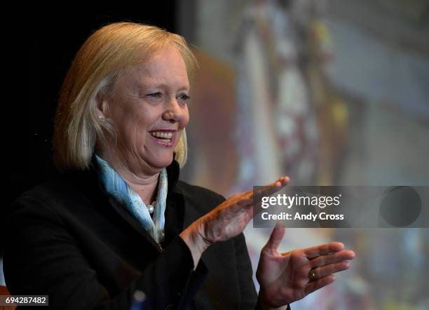 And President of Hewlett Packard Enterprise Meg Whitman during her keynote address at the Women in Technology Conference June 09, 2017 at the Spruce...