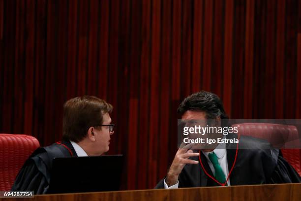 Superior Electoral Court Ministers Herman Benjamin and Luiz Fux speak during a court session on June 9, 2017 in Brasilia, Brazil. The court is...