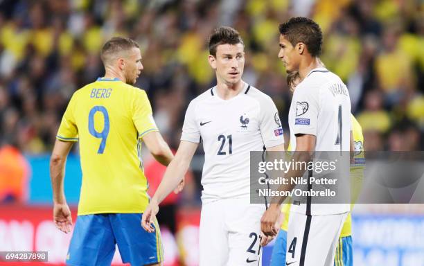 Laurent Koscielny of France and Raphael Varane of France during the FIFA 2018 World Cup Qualifier between Sweden and France at Friends Arena on June...