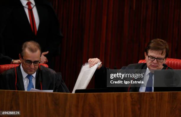 Superior Electoral Court Ministers Herman Benjamin and Admar Gonzaga speak during a court session on June 9, 2017 in Brasilia, Brazil, The court is...