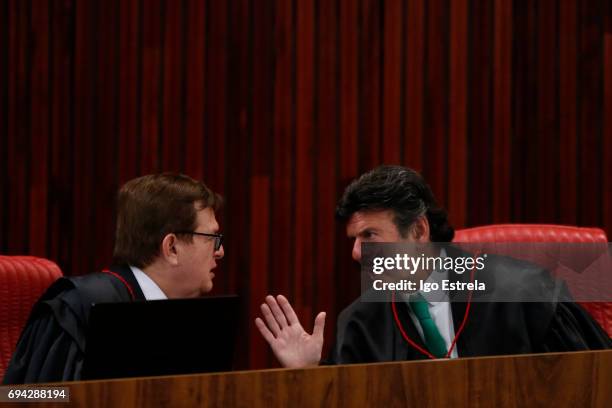 Superior Electoral Court Ministers Herman Benjamin and Luiz Fux speak during a court session on June 9, 2017 in Brasilia, Brazil. The court is...