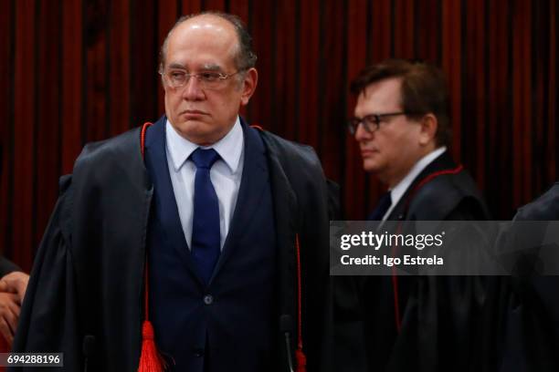 Superior Electoral Court President Gilmar Mendes and Superior Electoral Court Minister Herman Benjamin attend a court session on June 9, 2017 in...