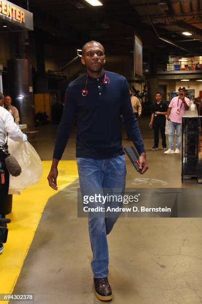 James Jones of the Cleveland Cavaliers enters the arena before the game against the Golden State Warriors during Game Three of the 2017 NBA Finals on...