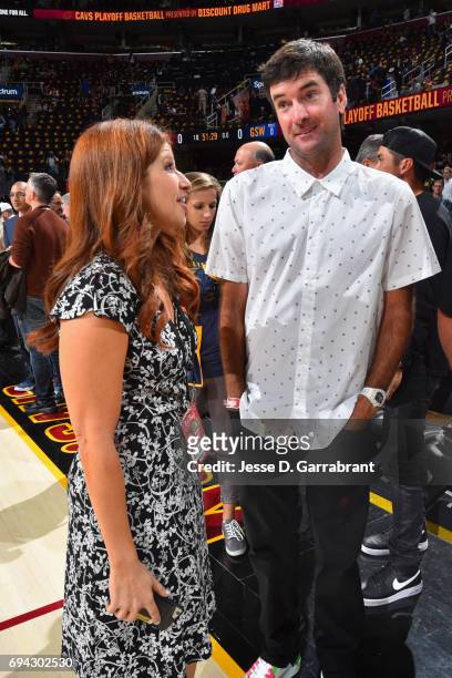 Bubba Watson is seen talking to Rachel Nichols, ESPN reporter before the game of the Golden State Warriors and the Cleveland Cavaliers in Game Three...