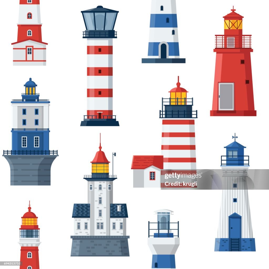 Lighthouse Guide Light Flat Lighthouses And Sea Guide Lights High-Res Vector Graphic - Getty ...