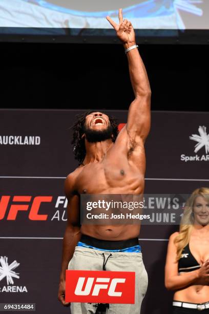 Dominique Steele of the United States poses on the scale during the UFC Fight Night weigh-in at Spark Arena on June 10, 2017 in Auckland, New Zealand.