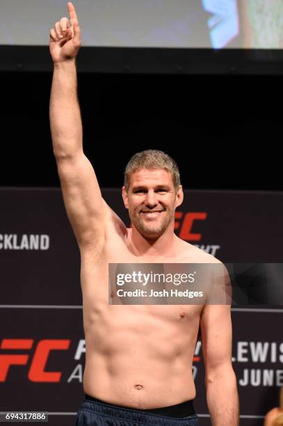 Daniel Kelly of Australia poses on the scale during the UFC Fight Night weigh-in at Spark Arena on June 10, 2017 in Auckland, New Zealand.