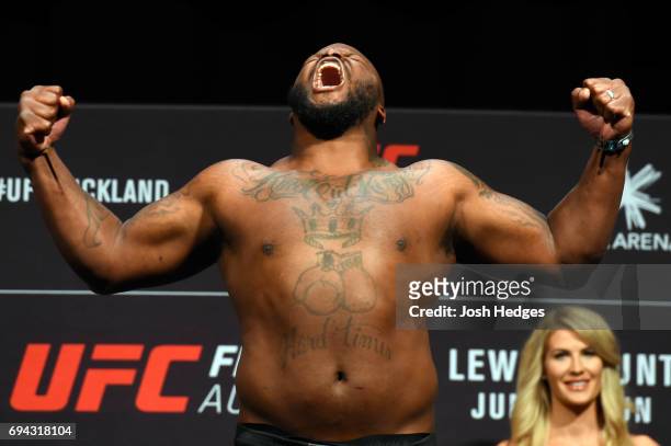 Derrick Lewis of the United States poses on the scale during the UFC Fight Night weigh-in at Spark Arena on June 10, 2017 in Auckland, New Zealand.