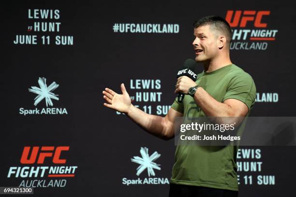 Brian Stann speaks to the fans and media during a Q&A session prior to the UFC Fight Night weigh-in at Spark Arena on June 10, 2017 in Auckland, New...