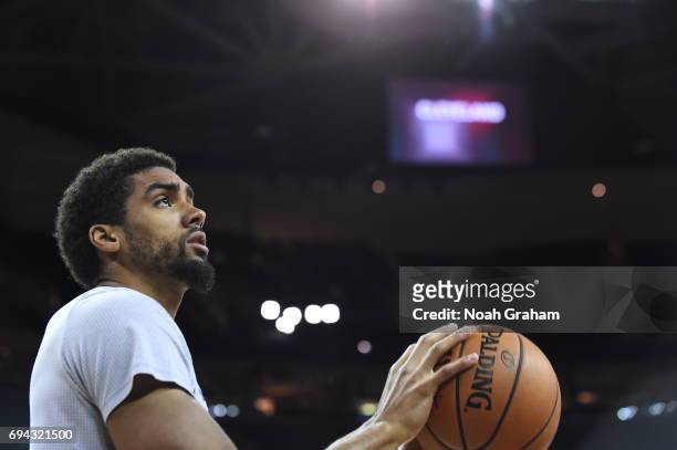 James Michael McAdoo of the Golden State Warriors warms up before the game against the Cleveland Cavaliers in Game Four of the 2017 NBA Finals on...