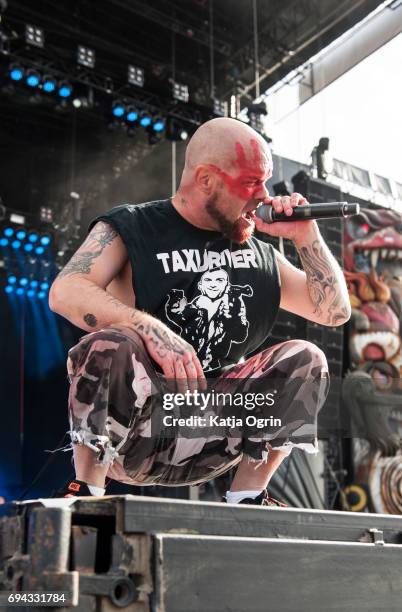 Ivan Moody of American heavy metal band Five Finger Death Punch performing live on Day 1 of Download Festival at Donington Park on June 9, 2017 in...